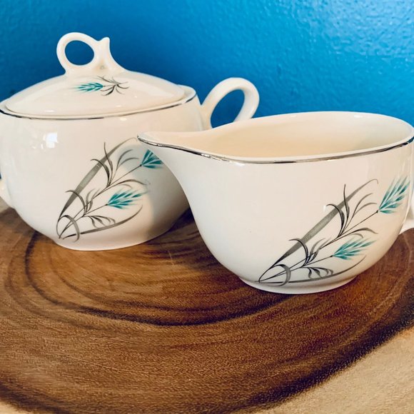 Vintage Canonsburg Teal/Grey Wheat Creamer & Sugar - Picture 2 of 10